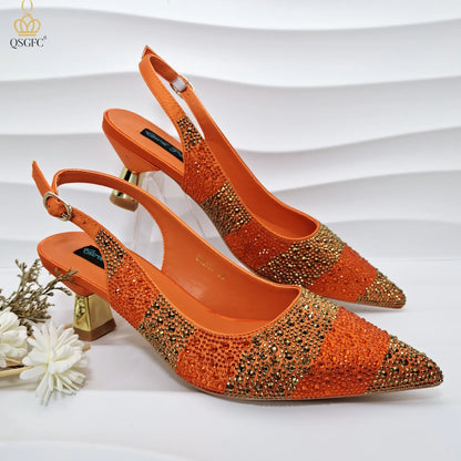 QSGFC INS 2024 Gold Color Elegant Women Heels Shoes and Bag Set Hollow Rhinestones  High Heels Wedges Shoes Matching Bag