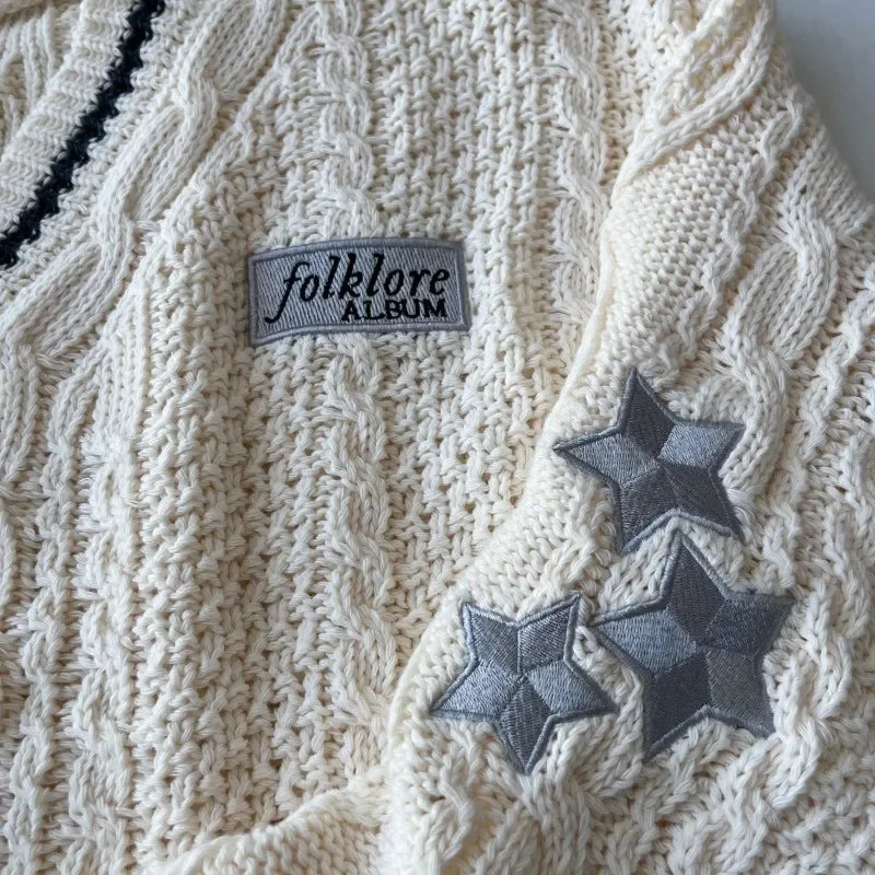 Beige Folklore Cardigan Women Letter Patch with Star Embroidered Knitted Sweater Female Winter Autumn Casual Oversized Cardigans