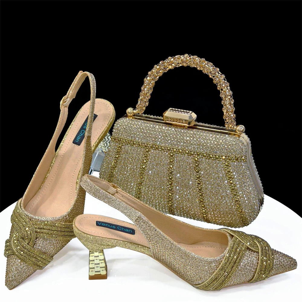 Venus Chan-Nigerian Heel Party for Women Shoes and Bag Set Champagne Colour Rhinestone Handbag Italian Design Wedding INS 2024