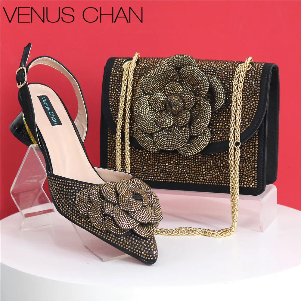 Peach Color Elegant Lady Shoes And Bag Set with Rhinestone Embellished Pearls-knot Wear-resistant And Comfortable Heel