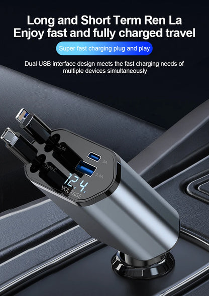 4 in 1 Retractable Car Charger, 100W Quick Charge with 2 USB Port, Retractable Iphone Charger & Tap-c Charger, Retractable Cable