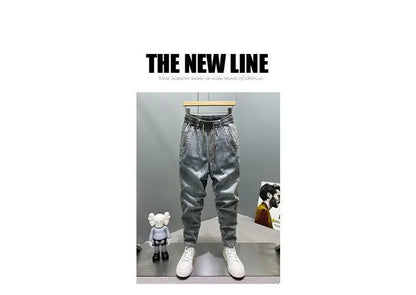 Casual Vintage Men's Fashion Drawstring Jeans with Thickened Fleece and Loose Harem Pants for Autumn and Winter Cargo Trousers