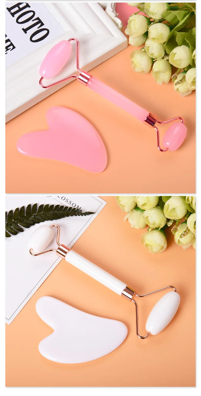 Natural Resin Jade Roller Gua Sha Scraper Set Pink Guasha Face Lift Massager Wrinkle Double Chin Remover Beauty Skin Care Tools