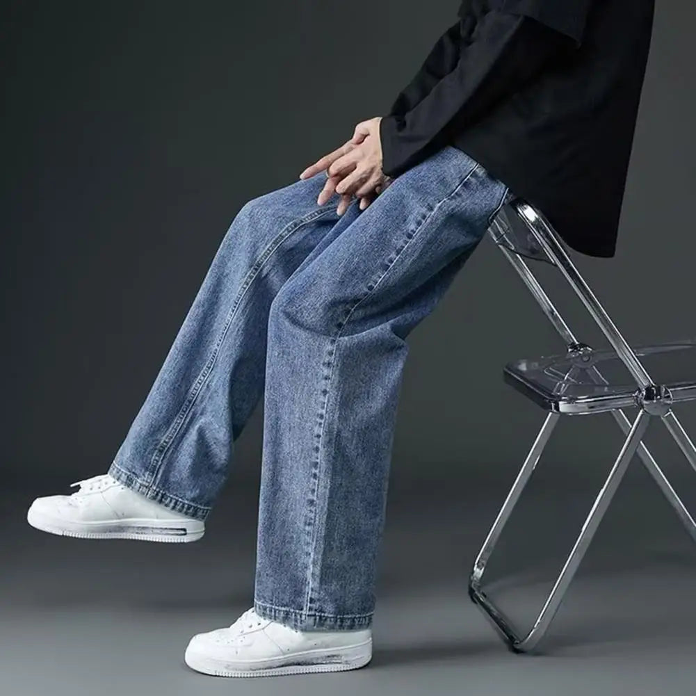 Retro Men Jeans Wide Leg Pants Baggy Fashion Loose Straight Long Pants Washed Denim Blend Wide Leg Jeans