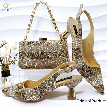 QSGFC Nigerian Women Heel Party Ladies Italian Design Green Shoes And Bag Set Decorated with Rhinestone Handbag Wedding Party