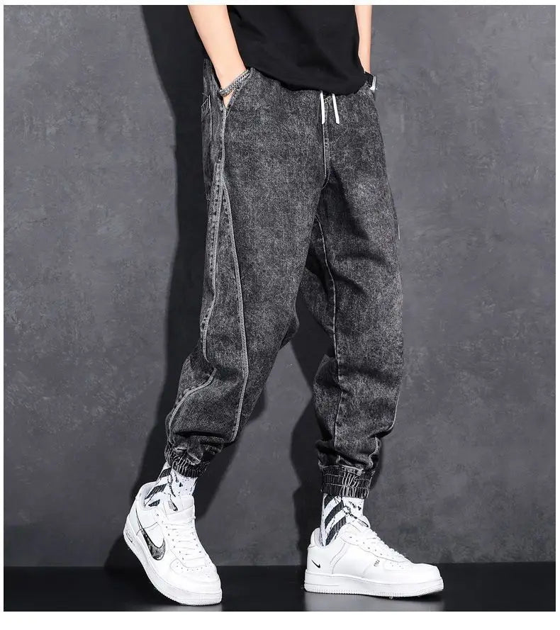 Loose Elastic Waist Denim Jeans for Men 2024 Fashion Casual Spring Workwear Foot-Tied Pants with Brand Workwear Baggy Trousers