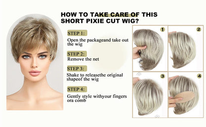 Light Blonde Mixed Off-White Short Pixie Cut Wigs for Women With Bangs Kanekalon Human-hair Like Texture Natural Layered Hair