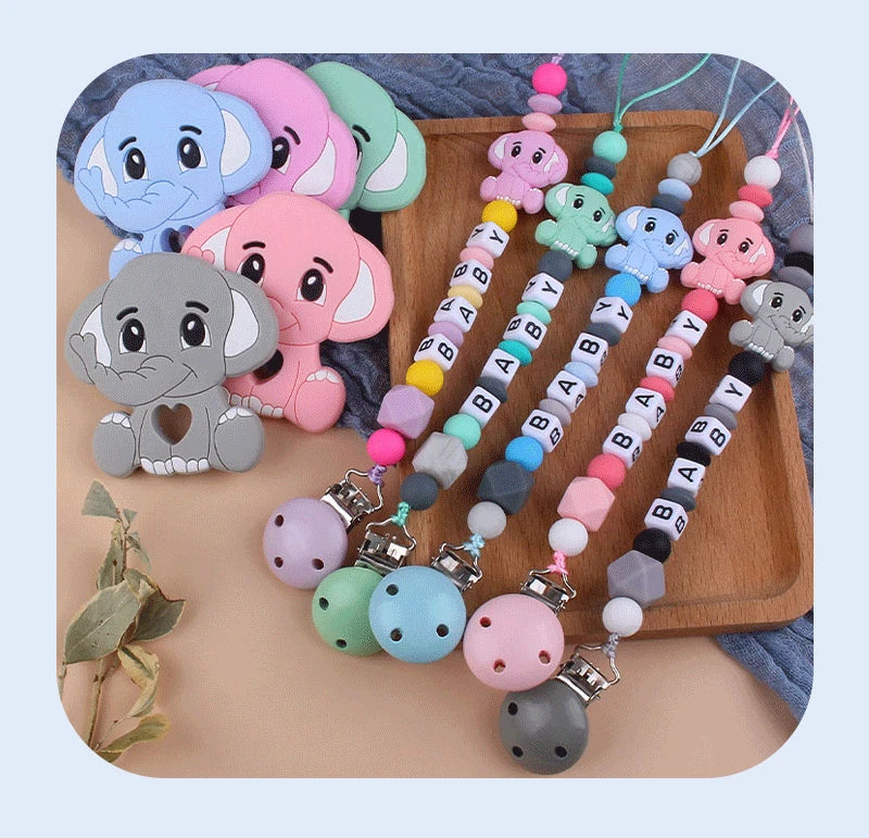 Baby Personalized Name Pacifier Clip Newborn Pacifiers Holder Custom Elephant Gum Nipple Chain Set Silicone Teething Toy Gift