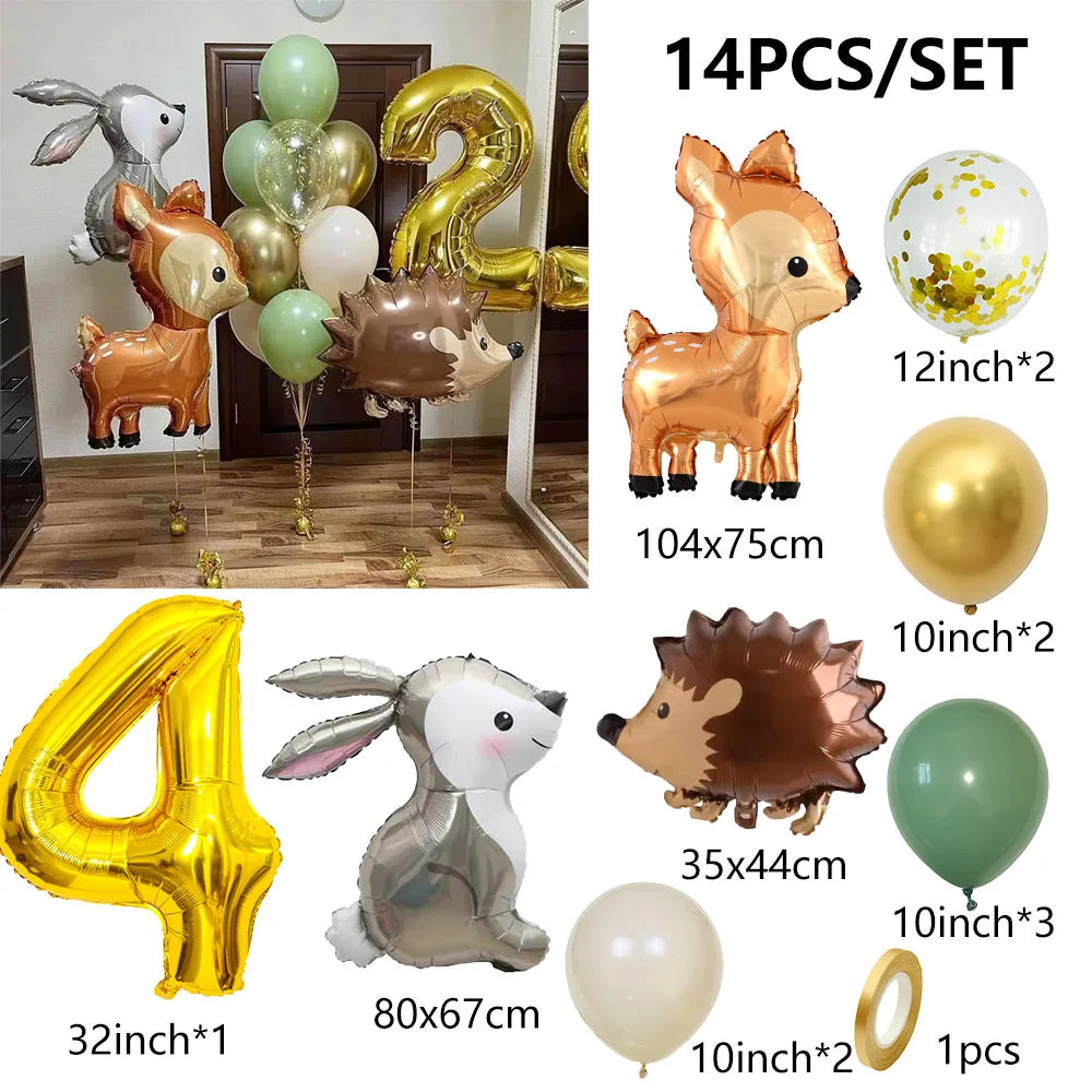 14pcs Gold 32inch Number Animal Foil Balloon Birthday Party Decorations Kids Boy Girl 1 2 3 4 5 6 7 8 9 Year Old Safari Supplies