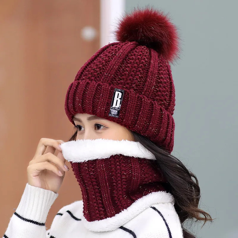 Brand Winter Knitted Scarf Hat Set Thick Warm Skullies Beanies Hats for Women Solid Outdoor Snow Riding Ski Bonnet Caps Girl