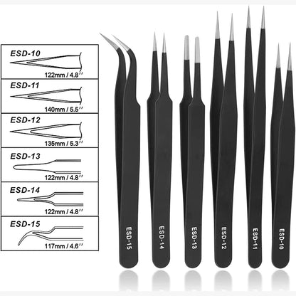 6PCS ESD Anti-Static Stainless Steel Tweezers Precision Maintenance Industrial Repair Curved Home Working Hand Phone Watch Tool