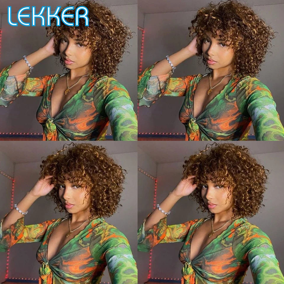 Lekker Colored Short Pixie Afro Kinky Curly Bob 100% Human Hair Wigs With Bangs For Women Brazilian Remy Hair Ombre Brown Wigs