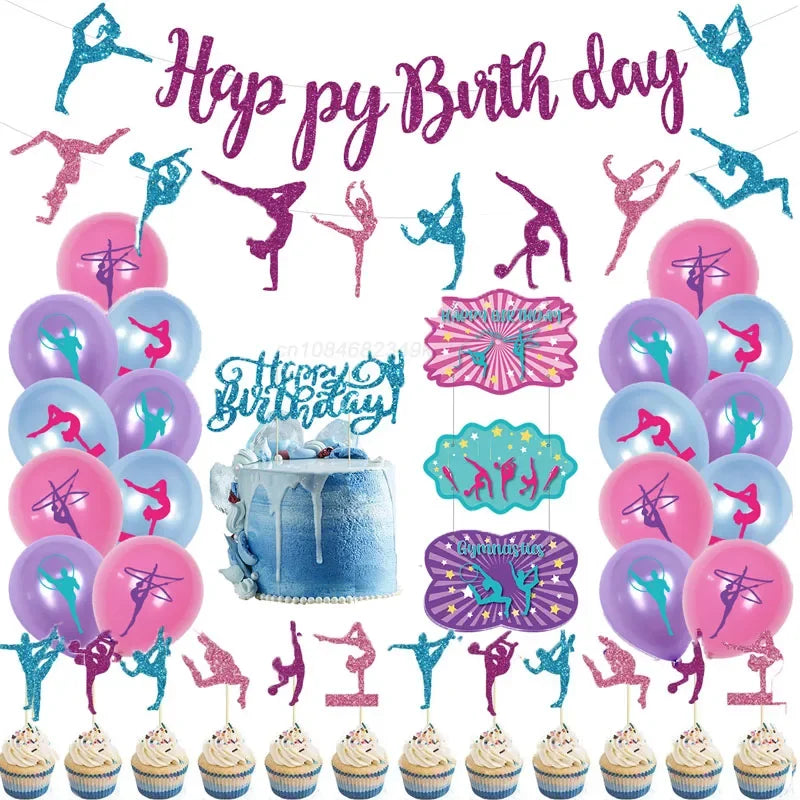 Sports Party Scenes Decor Gymnastics Theme Birthday Party Decoration Balloons Happy Birthday Banner Cake Topper Set Girl