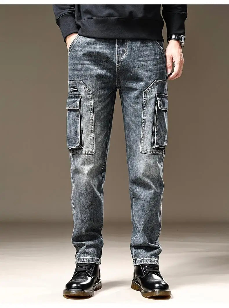 American Fashion High Street Loose Straight Cargo Jeans Men's Solid Patchwork Button Zipper Pockets Versatile Casual Pants 2024