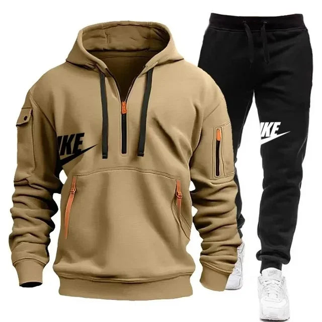 Spring and autumn new men's zipper hoodie + pants two-piece set, outdoor jogging multi-pocket men's casual pullover sports suit