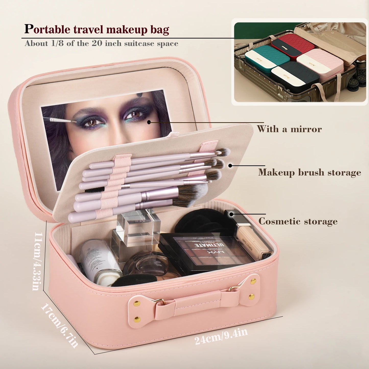 Large capacity portable leather makeup travel case Makeup brush Makeup storage box Storage box, waterproof leather cover