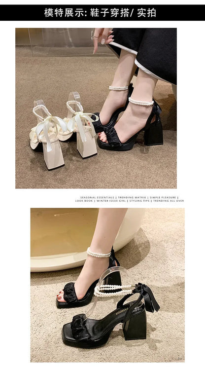 Shoes for Women Pearl Sandals Suit Female Beige Increasing Height Block Heels All-Match Black Bow 2024 Fashion Chunky Sandals