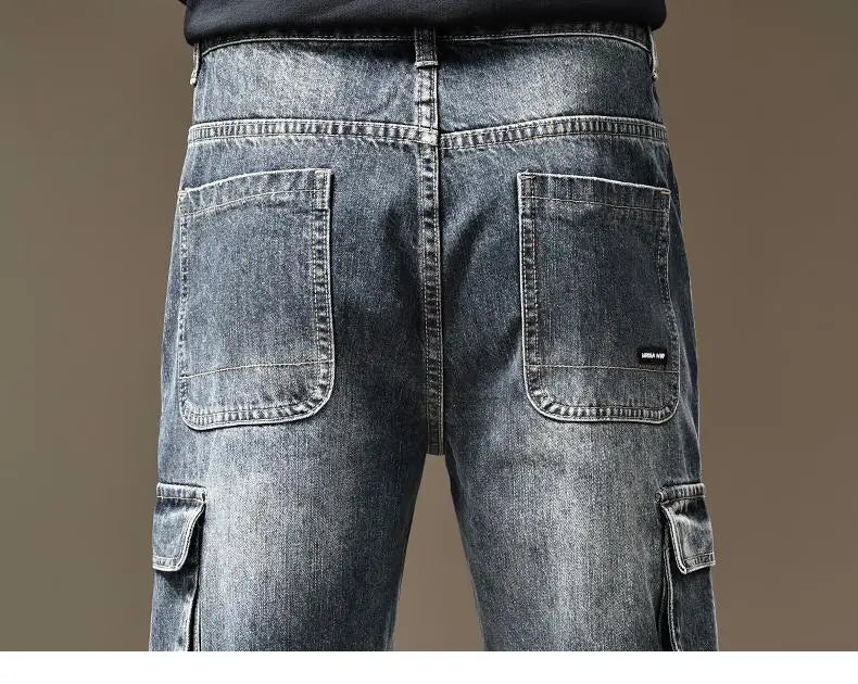 American Fashion High Street Loose Straight Cargo Jeans Men's Solid Patchwork Button Zipper Pockets Versatile Casual Pants 2024