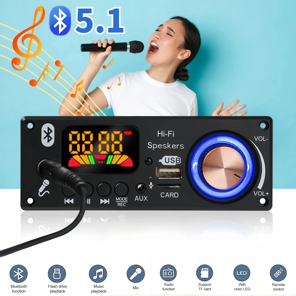 Bluetooth 5.1 DIY 160W Amplifier MP3 Decoder Board 12V Microphone FM Radio TF USB Car Audio Music Player Speaker Volume Control