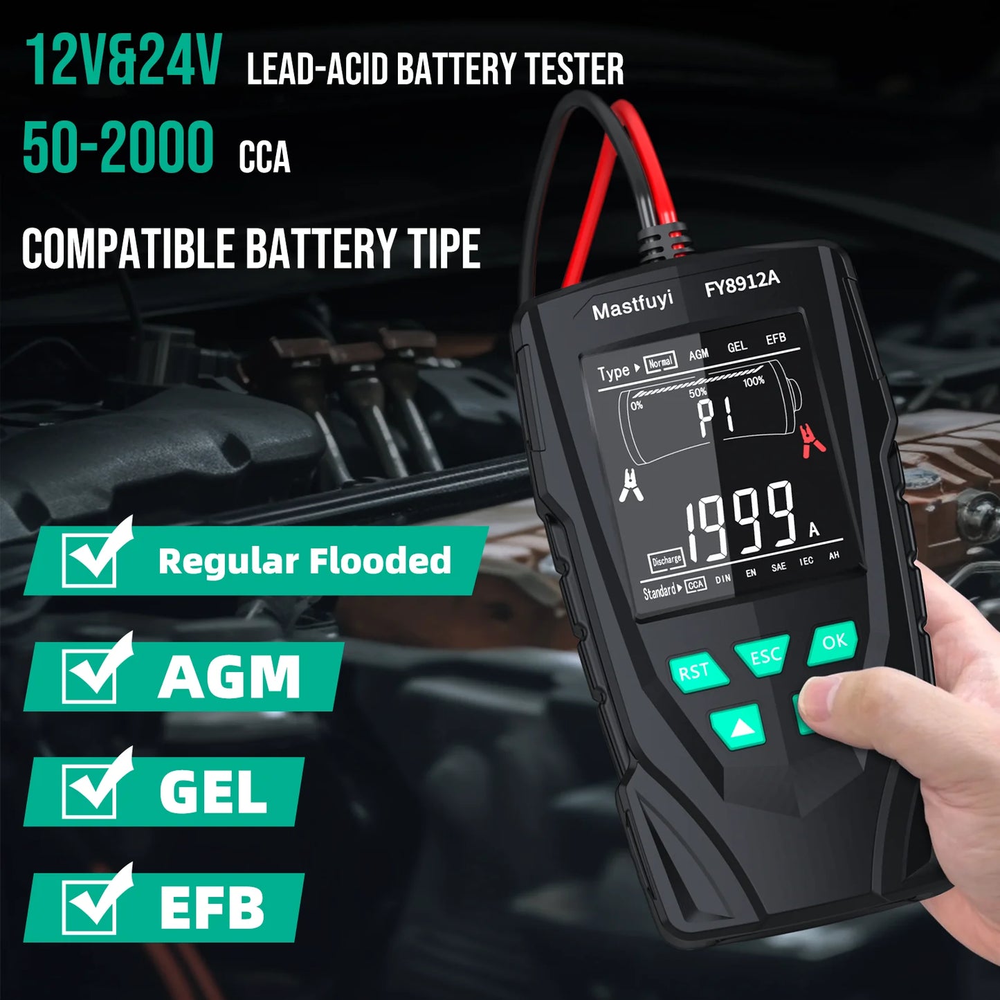 MASTFUYI Car Battery Tester 12V/24V Battery System Analyzer 50-2000CCA Battery Health Display Comprehensive Diagnostic Test Tool