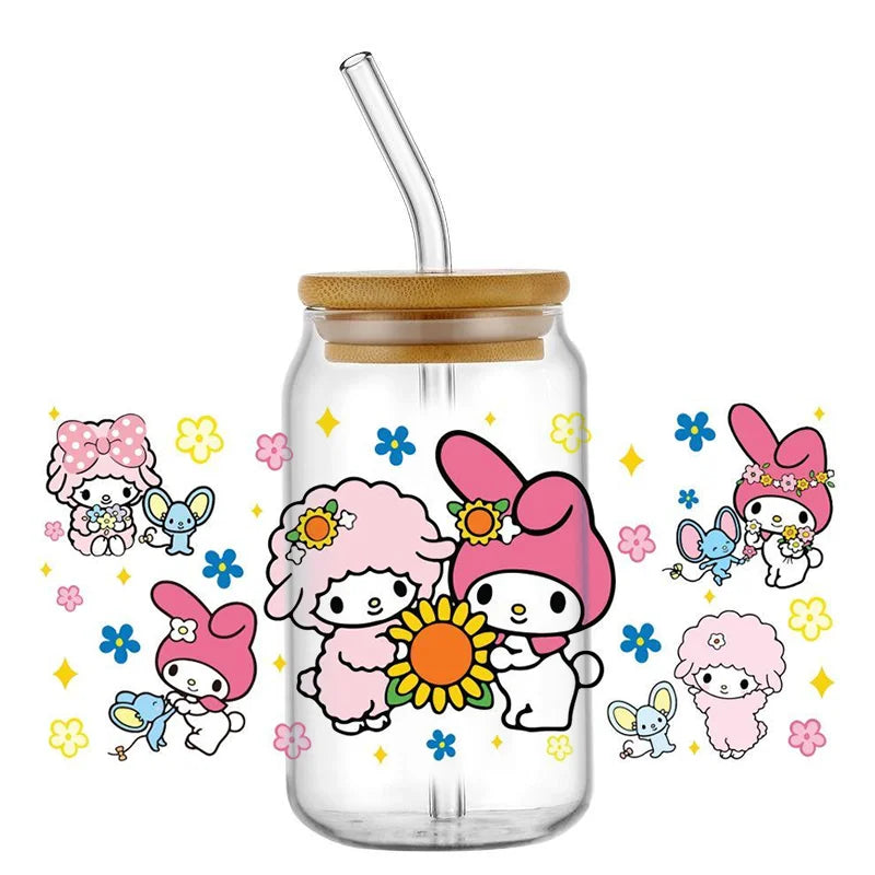 Miniso New Hello Kitty Theme For Libbey 16oz Can Glass Kuromi Coffee Waterproof UV DTF Coffee Can Wrap Libbey Glass 3D Wrap