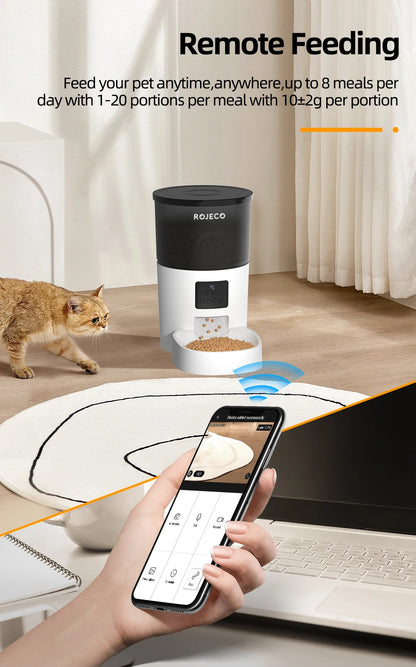 ROJECO 3L Automatic Pets Feeder With Carmen Smart Cat Food Dispenser For Dogs WIFI Rechargeable Feeders For Cats Remote Feeding