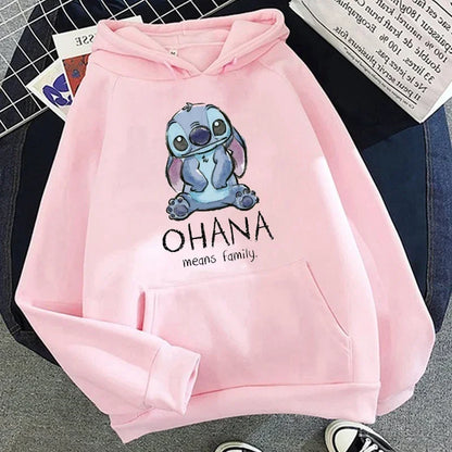 Disney Stitch Hoodies Women Harajuku Pullovers Cute Kawaii Casual Tops O-Neck Angel Print Hooded Sweatshirt Oversized Hoodie