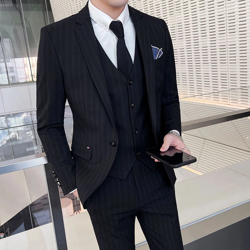 2024 Groom Wedding High-grade Suit (suit + Vest + Trousers) Winter Stripes Business Fashion Handsome Casual Suit Three-piece Set