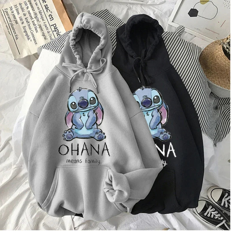 Disney Stitch Hoodies Women Harajuku Pullovers Cute Kawaii Casual Tops O-Neck Angel Print Hooded Sweatshirt Oversized Hoodie