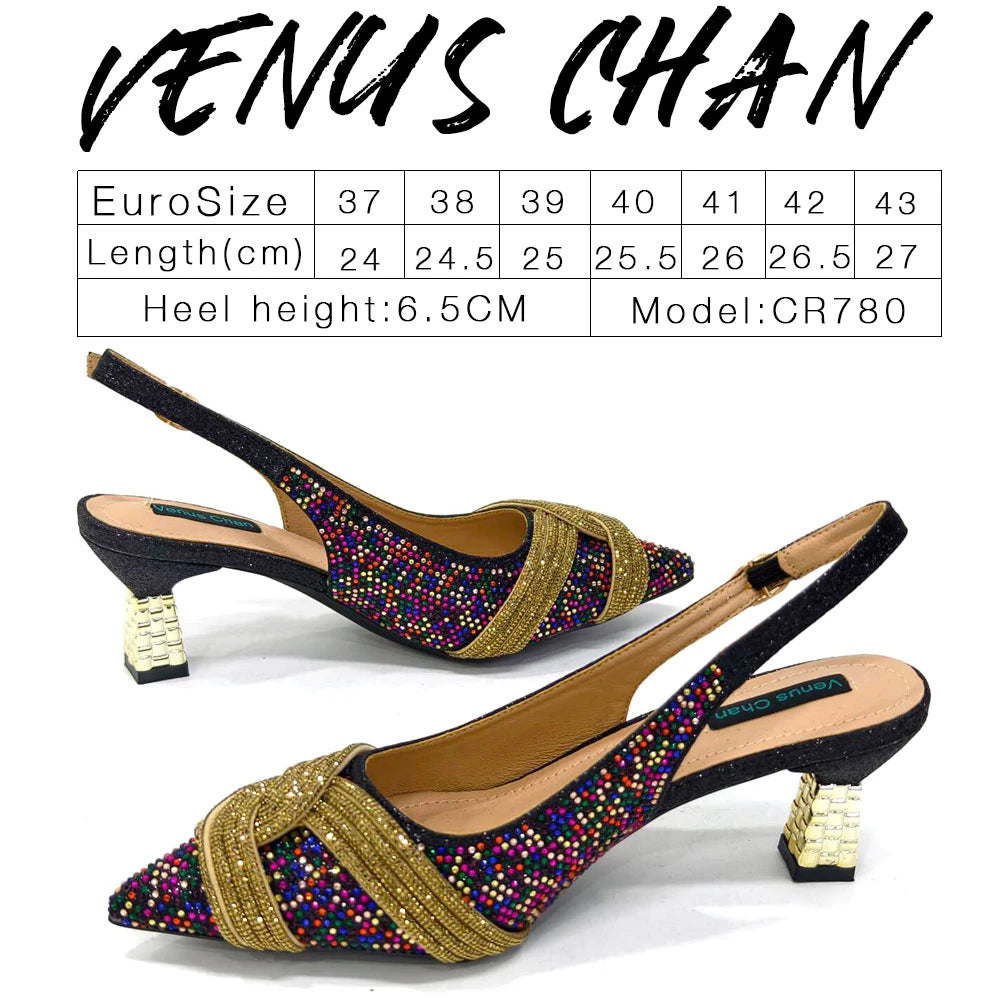 Venus Chan-Nigerian Heel Party for Women Shoes and Bag Set Champagne Colour Rhinestone Handbag Italian Design Wedding INS 2024