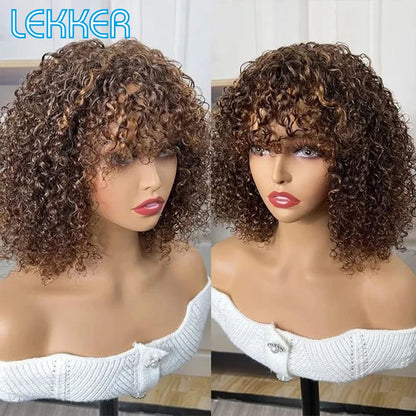 Lekker Colored Short Pixie Afro Kinky Curly Bob 100% Human Hair Wigs With Bangs For Women Brazilian Remy Hair Ombre Brown Wigs