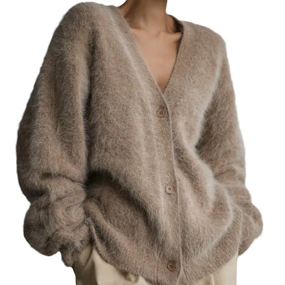 Autumn Fashion Imitation Mink Fur Knitted Cardigan Women Casual Long Sleeve Button Loose Sweater Lady Warm Knitwear Top