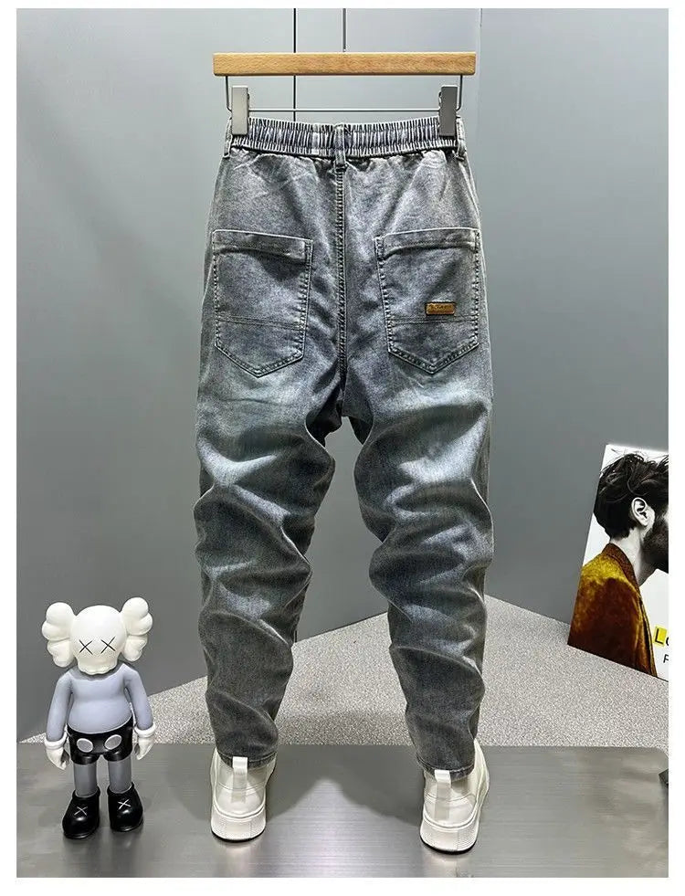 Casual Vintage Men's Fashion Drawstring Jeans with Thickened Fleece and Loose Harem Pants for Autumn and Winter Cargo Trousers