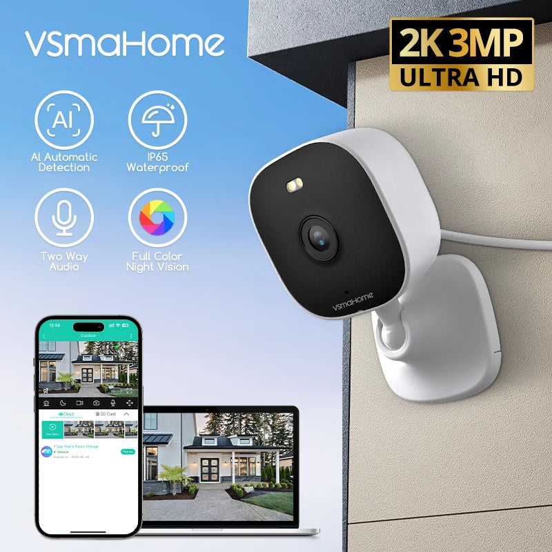 Vsmahome 3MP Security Camera Outdoor, Plug-in Full Color Night Vision WiFi Camera , Home Camera with Spotlight, IP66 Waterproof