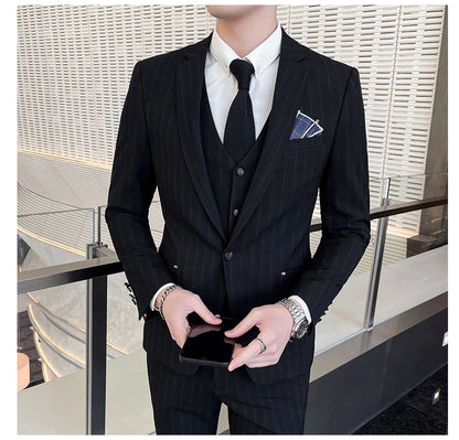 2024 Groom Wedding High-grade Suit (suit + Vest + Trousers) Winter Stripes Business Fashion Handsome Casual Suit Three-piece Set