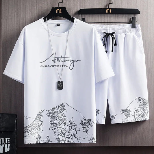 Summer New City Short Sleeve T-shirt Suit Men's Snow Mountain Printing Trendy Korean Version Slims Smooths Sihouette Sports Set