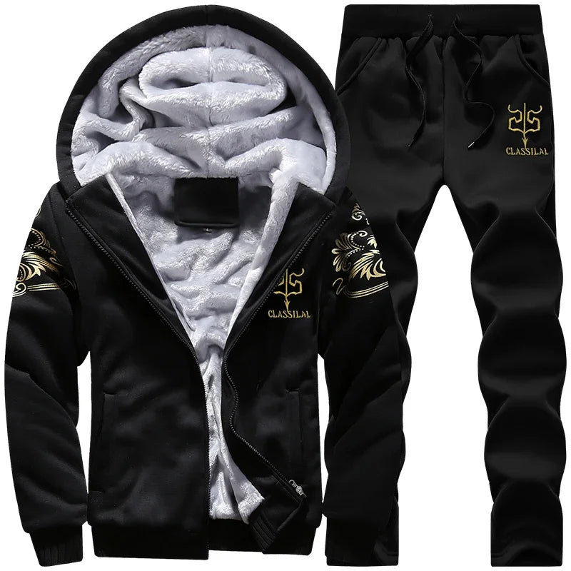 Men's autumn and winter sports set hooded casual cardigan jacket outdoor thickened warm sports shirt+pants two-piece set