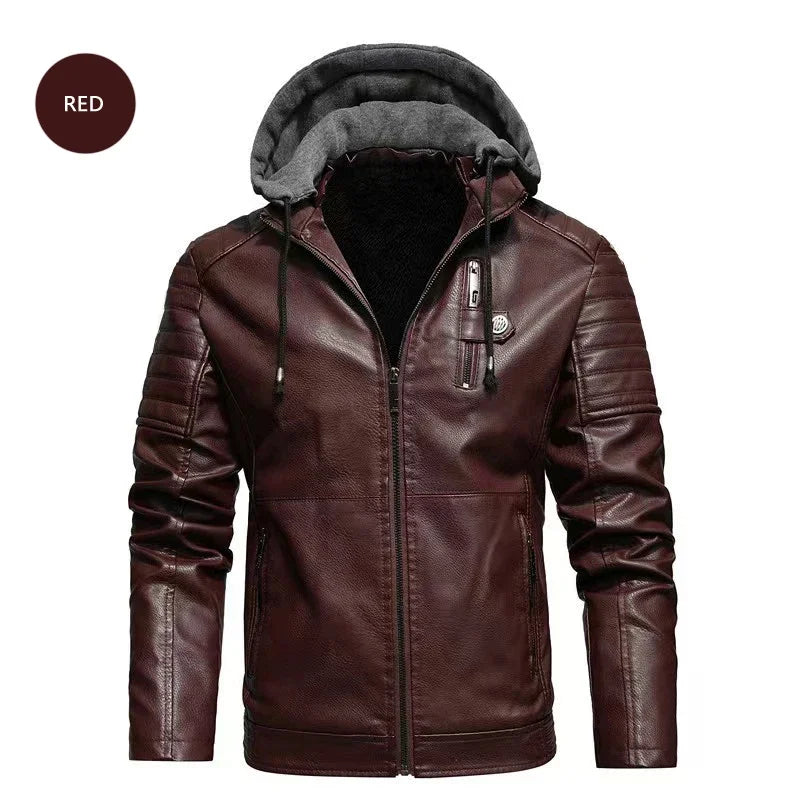 Fashion Men's Hooded Jacket Autumn Winter Faux Leather Jacket Men Military Style Outwear Motocycle New Brand Zipper Pockets Coat