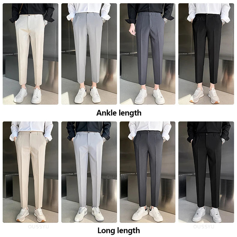 Spring Summer Suit Pants Men Stretch Business Elastic Waist Slim Ankle Length Pant Korean Trousers Male Large Size 40 42