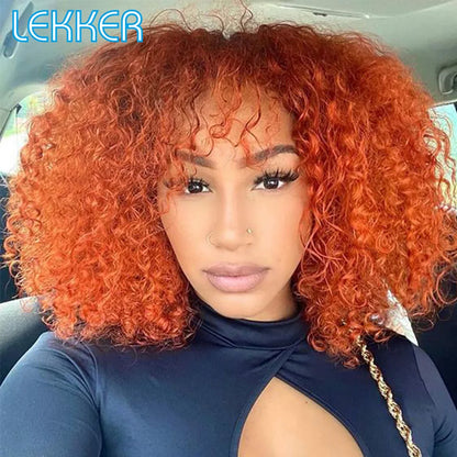 Lekker Colored Short Pixie Afro Kinky Curly Bob 100% Human Hair Wigs With Bangs For Women Brazilian Remy Hair Ombre Brown Wigs