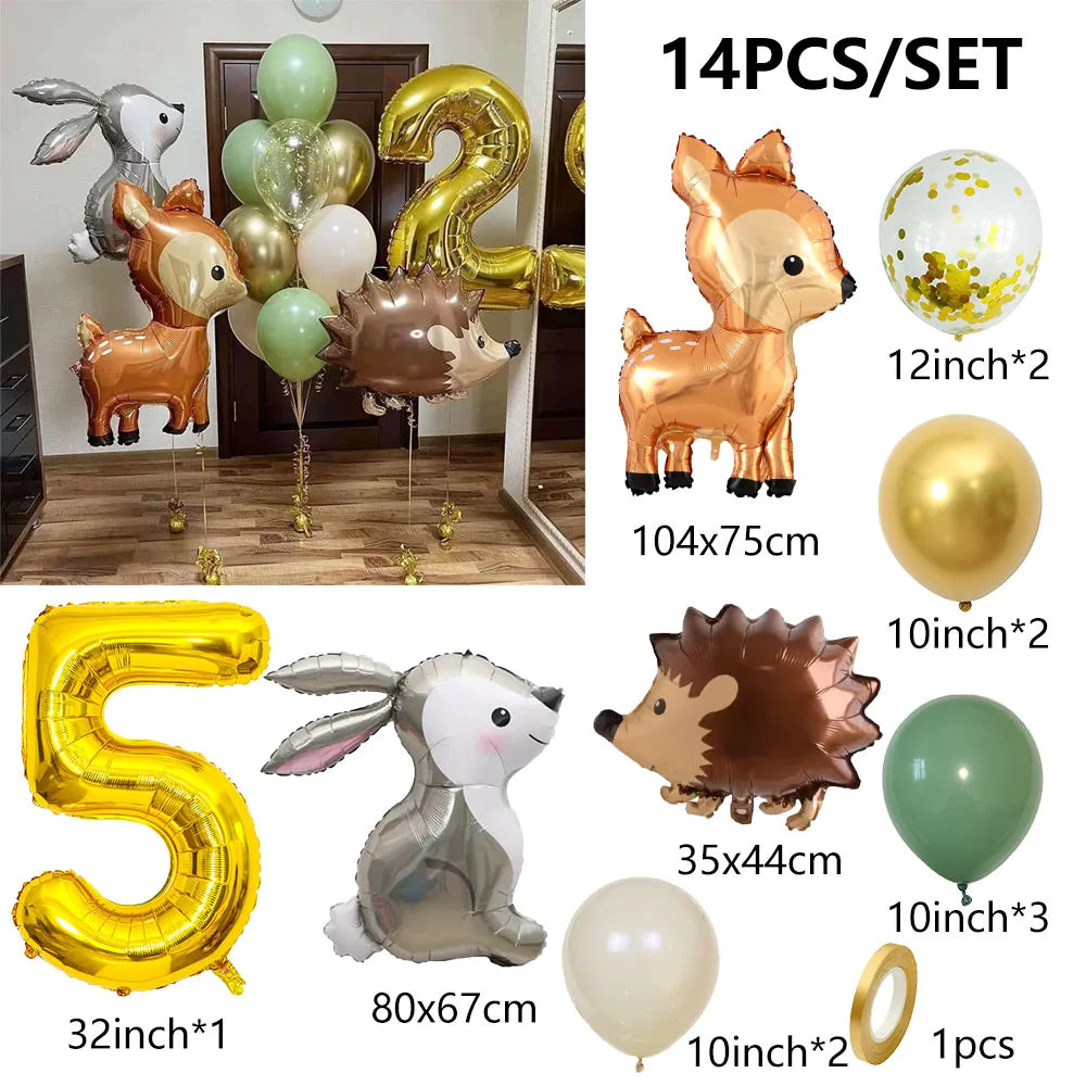 14pcs Gold 32inch Number Animal Foil Balloon Birthday Party Decorations Kids Boy Girl 1 2 3 4 5 6 7 8 9 Year Old Safari Supplies