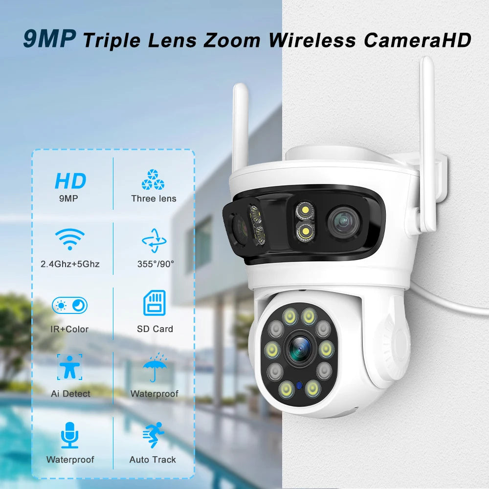 HFWVISION 9MP Wifi Camera Auto Tracking Three Screens 5X Digital Zoom PTZ Security Protection CCTV Surveillance O-Kam Pro