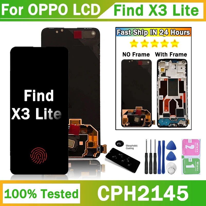 6.43" New AMOLED For Oppo Find X3 Lite LCD Display Screen Frame+Touch Panel Digitizer For Find X3Lite Display CPH2145 Frame