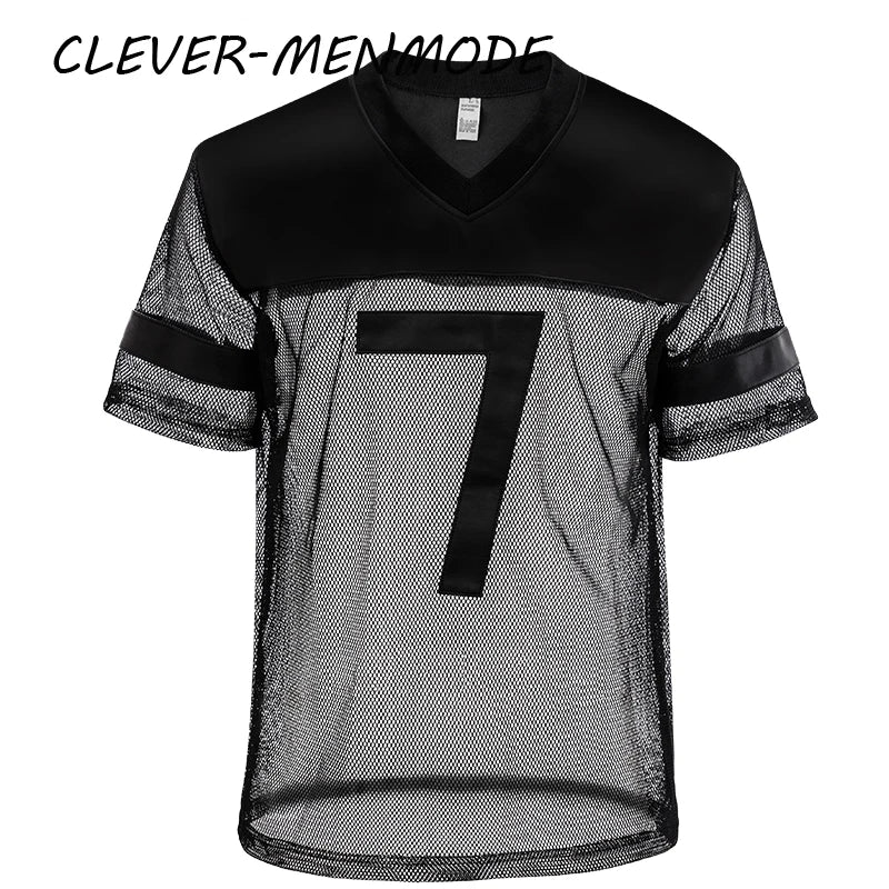 Men's Sexy Faux Leather Fishnet Short Sleeve Cutout PU T Sleeve Breathable V-Neck Short Sleeve Basketball Jersey Sportswear