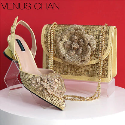 Peach Color Elegant Lady Shoes And Bag Set with Rhinestone Embellished Pearls-knot Wear-resistant And Comfortable Heel