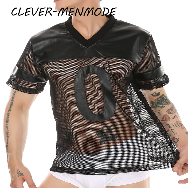 Men's Sexy Faux Leather Fishnet Short Sleeve Cutout PU T Sleeve Breathable V-Neck Short Sleeve Basketball Jersey Sportswear