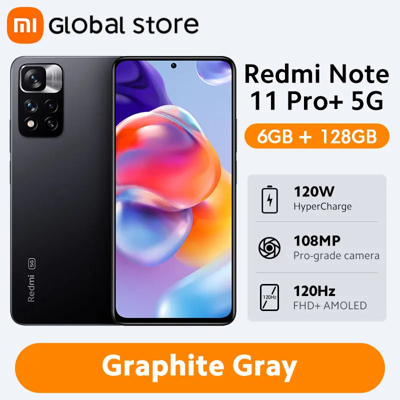 Global Version Xiaomi Redmi Note 11 Pro+ 5G 6GB RAM 128GB ROM Octa-core Dimensity 920 120W HyperCharge 120Hz AMOLED 108MP