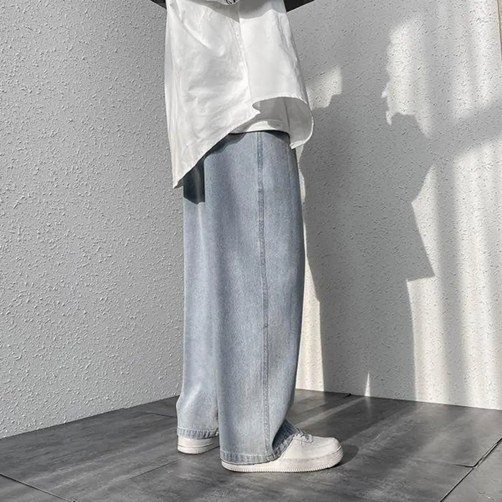 Retro Men Jeans Wide Leg Pants Baggy Fashion Loose Straight Long Pants Washed Denim Blend Wide Leg Jeans