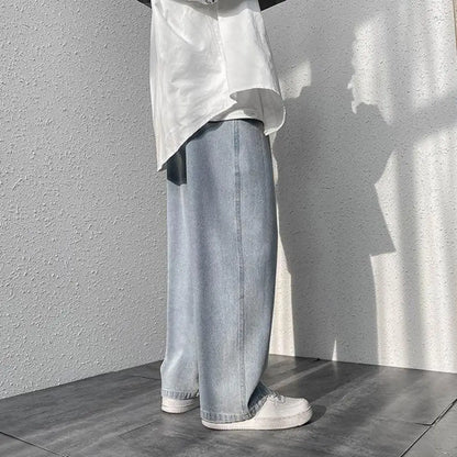 Retro Men Jeans Wide Leg Pants Baggy Fashion Loose Straight Long Pants Washed Denim Blend Wide Leg Jeans