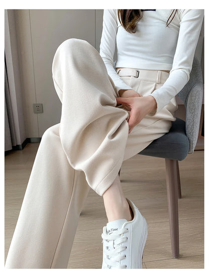 Seoulish Autumn Winter Thicken Woolen Casual Loose Full Length Pants 2023 New Button High Waist Chic Wide Leg Trousers Female